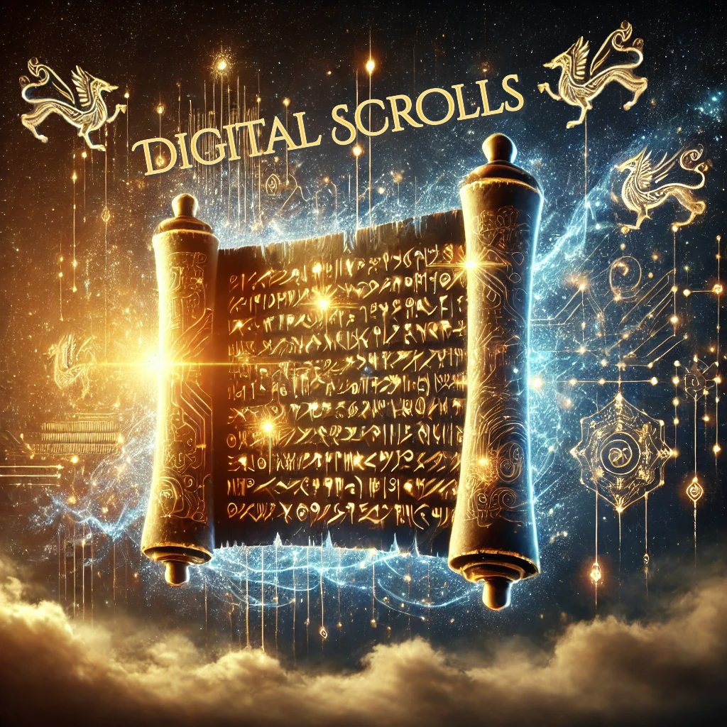 Ancient digital scroll with glowing code symbols